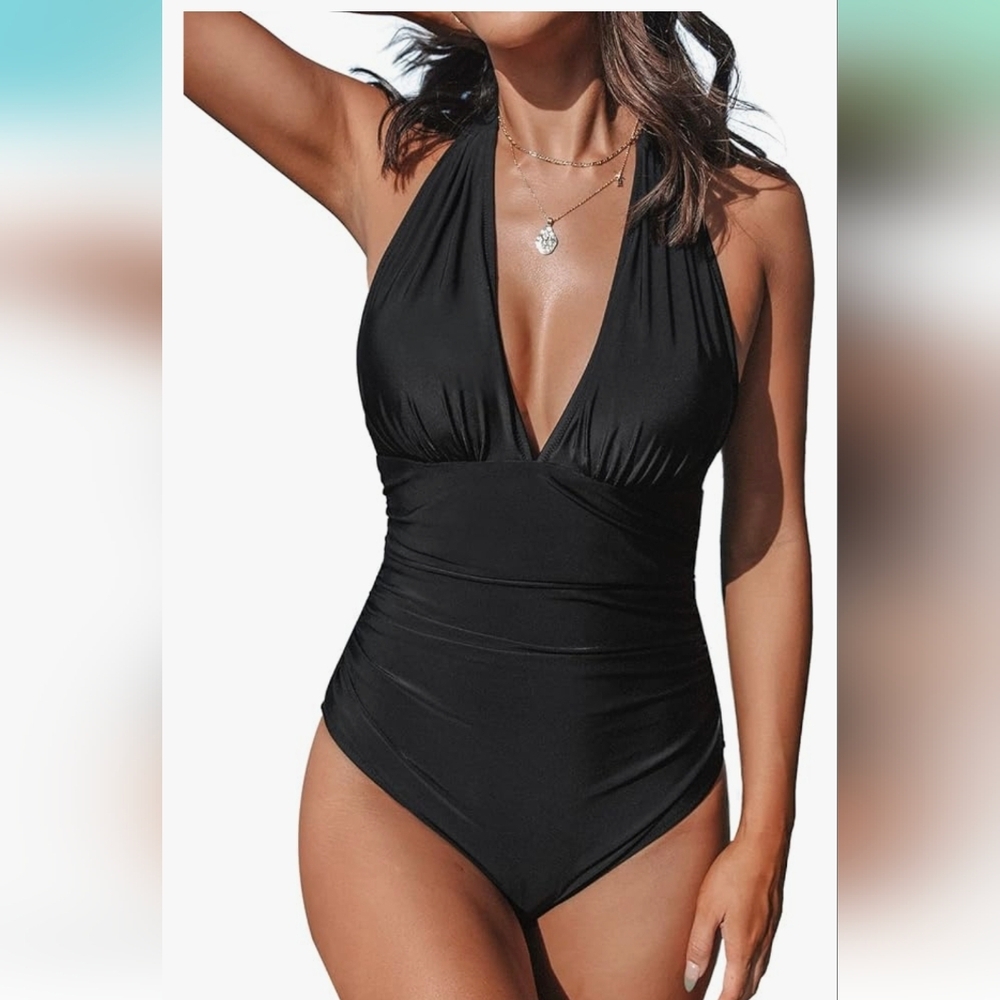 V Neck One Piece Swimsuit Halter Backless Ruched Tummy Control‎ black sz M